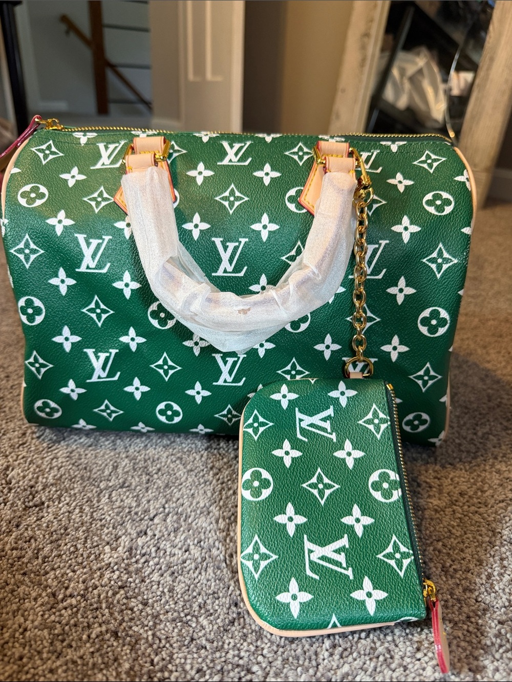 Green and White Monogram Satchel with Detachable Pouch and crossbody strap